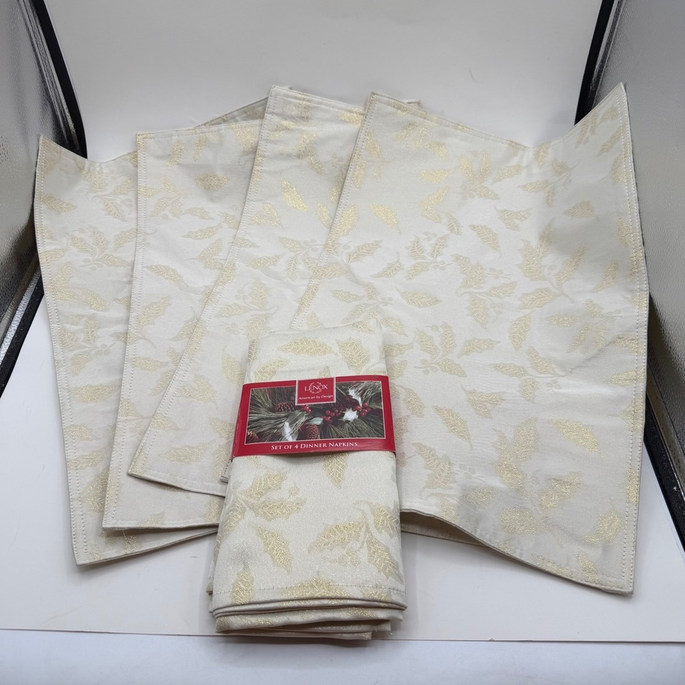 Lenox Holiday Holly Shimmer 4 Placemats & 4 Napkins Set Ivory Gold Metallic